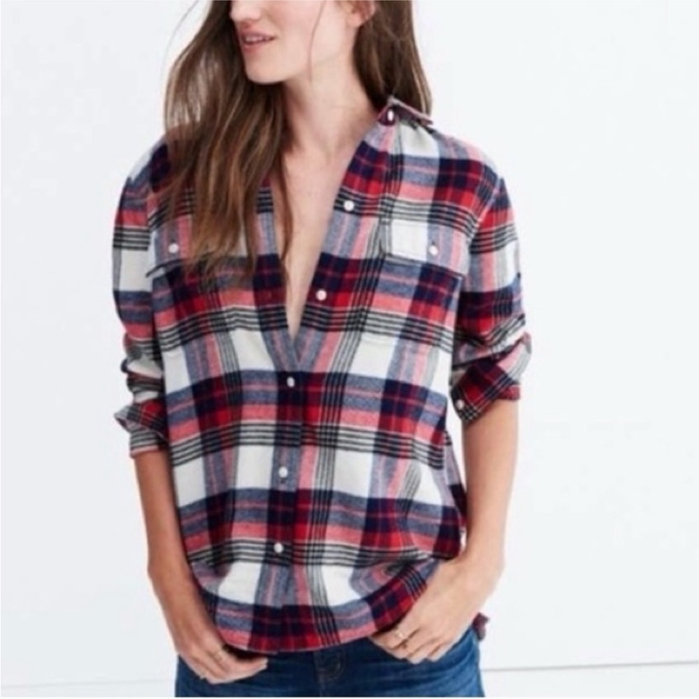 Madewell Flannel Red and Blue Plaid Button Down Long Sleeve Size M